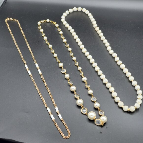 Set of 3 White and Gold Statement Necklaces - Picture 1 of 6